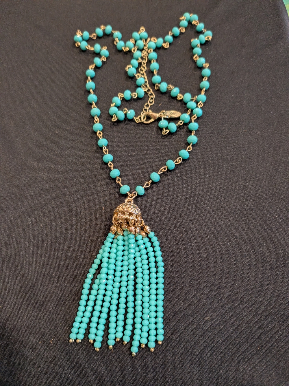 Turquoise Blue Glass Stone Beaded Tassel Necklace 18" - Gold Accent
